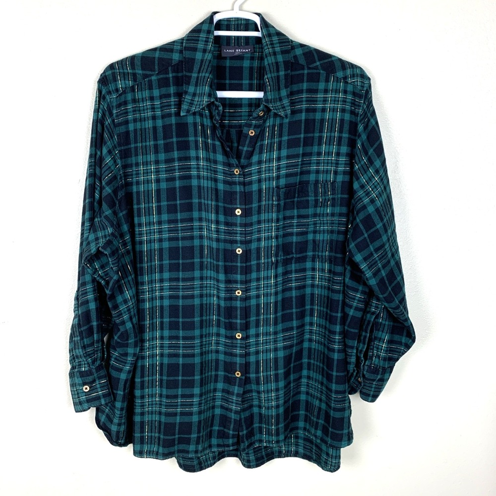 Lane Bryant Plaid Flannel Tunic Shirt Size 22 24 Button Up Green Gold Holiday